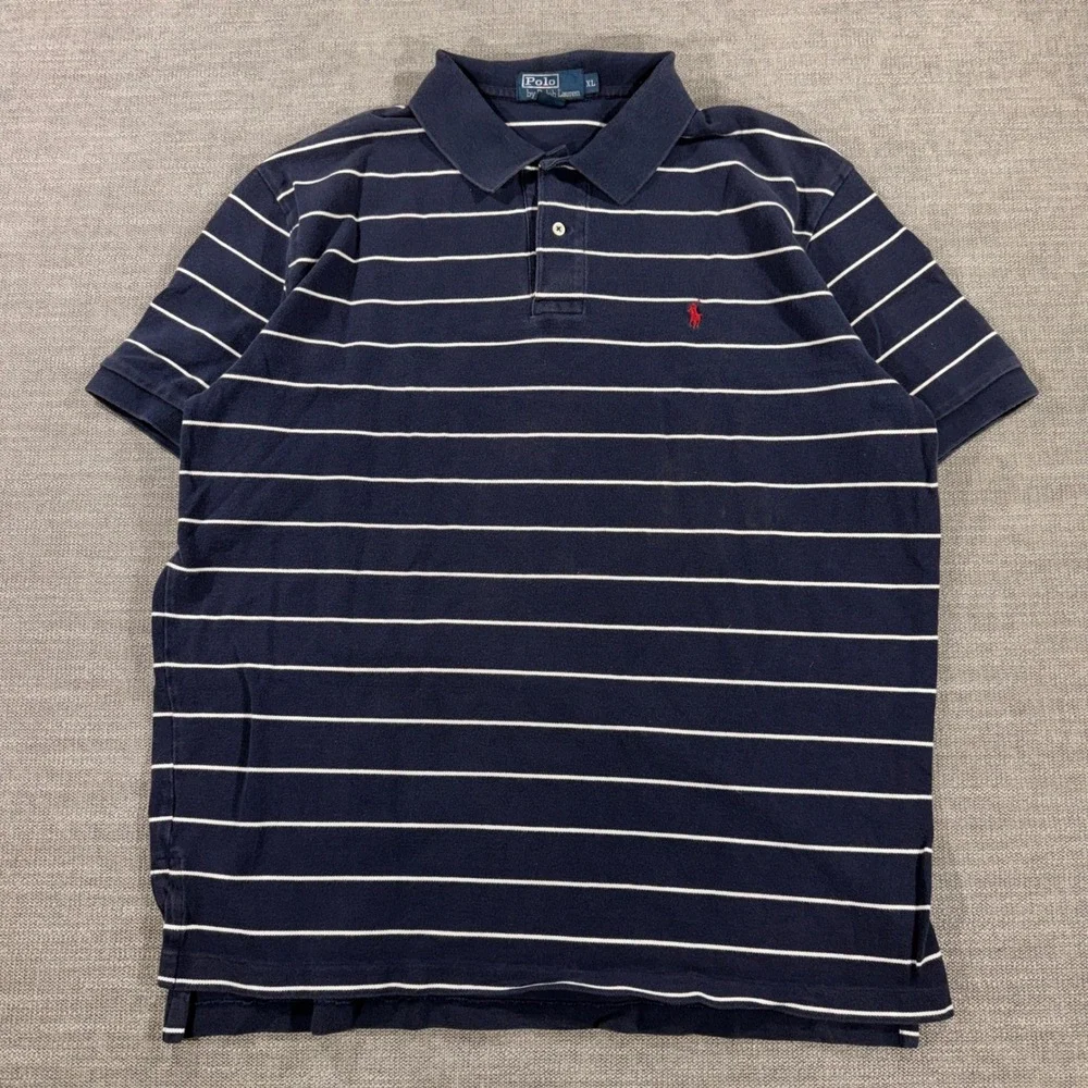 Polo Ralph Lauren Polo Shirt Mens XL Navy Blue Excellent Striped Cotton Pony